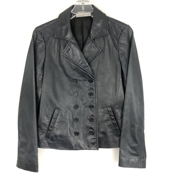 MK Michael Kors Leather Double Breasted Jacket Dark Navy Blue - Picture 1 of 8